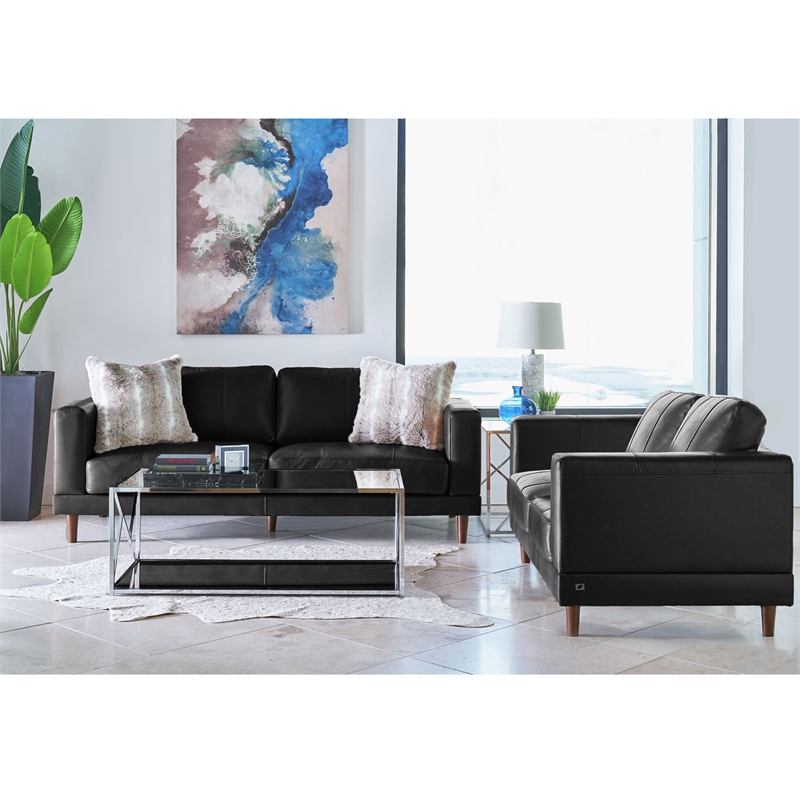Pemberly Row Modern Upholstered Genuine Leather Loveseat in Fiero Black