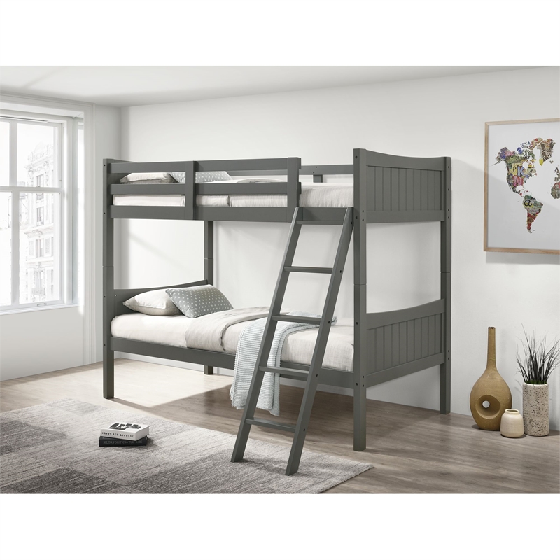 Pemberly Row Transitional Wood Twin Over Twin Bunk Bed in Gray