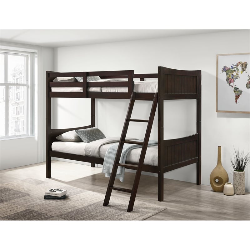 Pemberly Row Transitional Twin Over Twin Bunk Bed in Espresso
