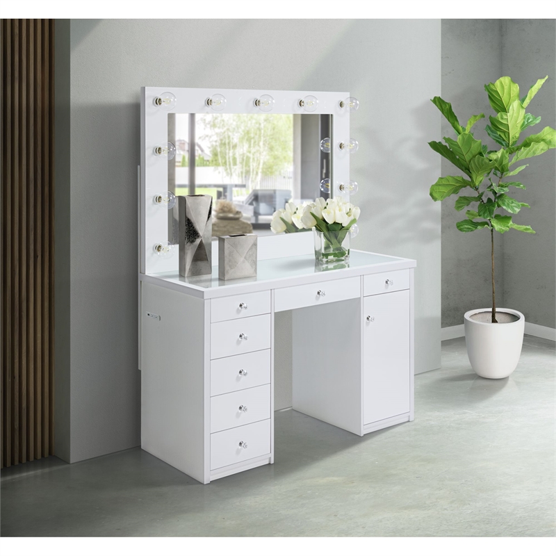 Pemberly Row Transitional 2-Piece Transitional Glass Vanity Set in White