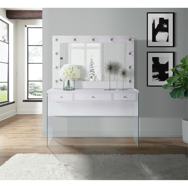 Pemberly Row Transitional Glass Top 2Pc Vanity Set with 4mm Mirror in White