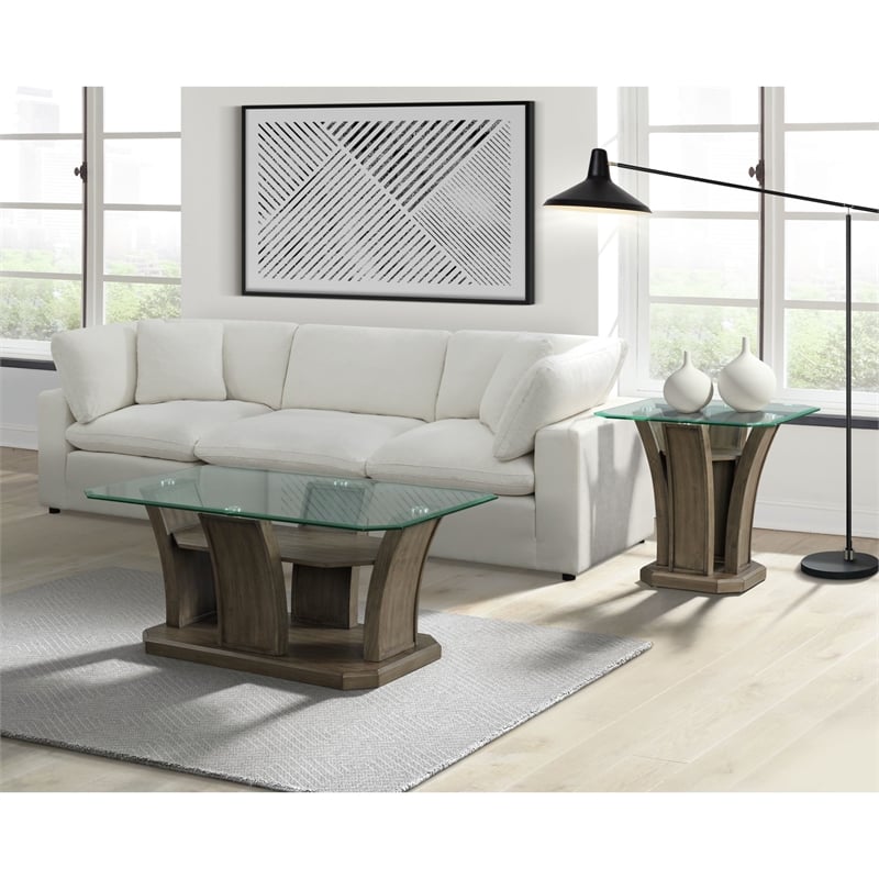 Pemberly Row Transitional Glass Top Square End Table in Gray