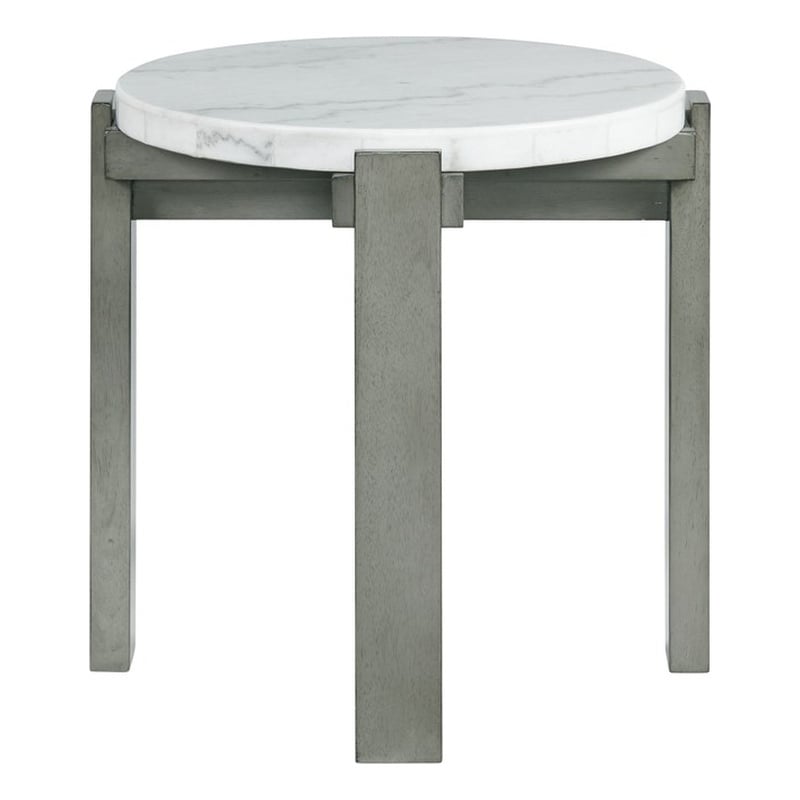 Pemberly Row Contemporary Round End Table in Gray with White Natural Marble Top