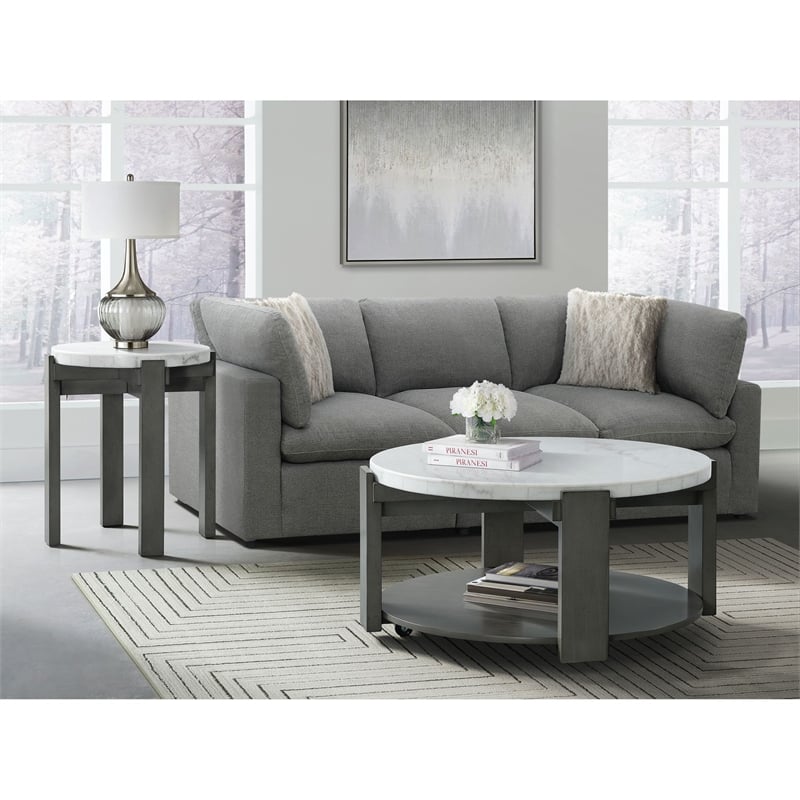 Pemberly Row Contemporary Round End Table in Gray with White Natural Marble Top