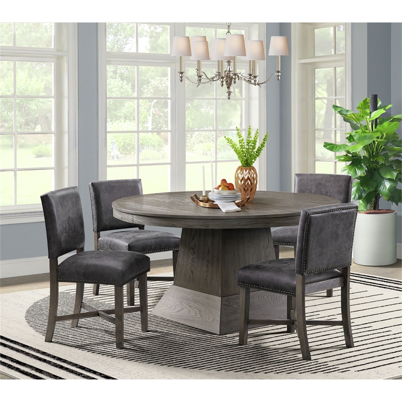 Pemberly Row Transitional Round to Oval Silhouette Dining Table in Gray