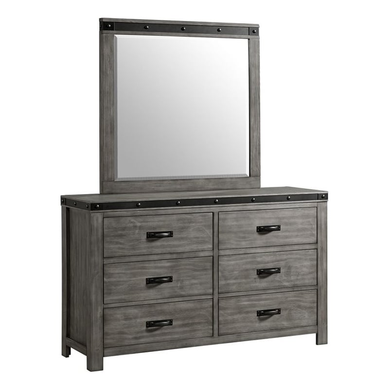 Pemberly Row Transitional 6-Drawer Wood Dresser & Mirror Set in Gray