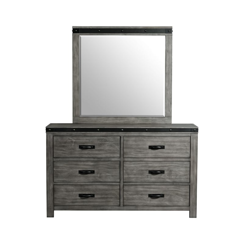 Pemberly Row Transitional 6-Drawer Wood Dresser & Mirror Set in Gray