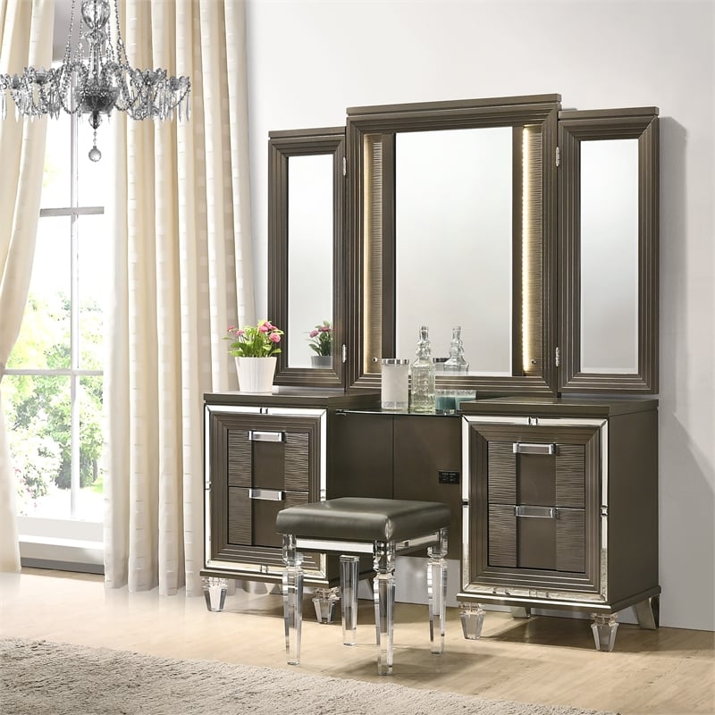 Pemberly Row Contemporary Vanity Set with USB in Copper Finish