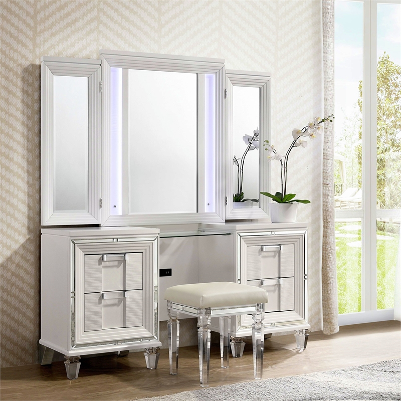 Pemberly Row Contemporary Vanity Set with USB in White Finish