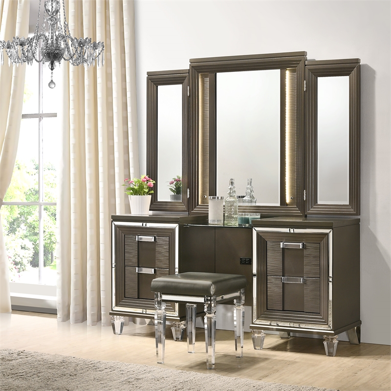 Pemberly Row Contemporary 3PC Vanity Set with LED Mirror in Copper