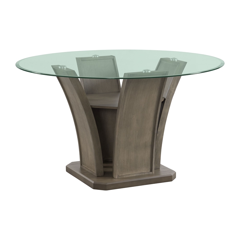 Pemberly Row Transitional Round Glass Table Top Dining Table in Gray