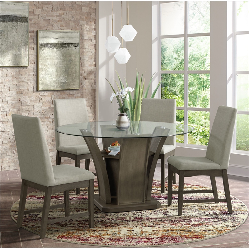 Pemberly Row Transitional Round Glass Table Top Dining Table in Gray