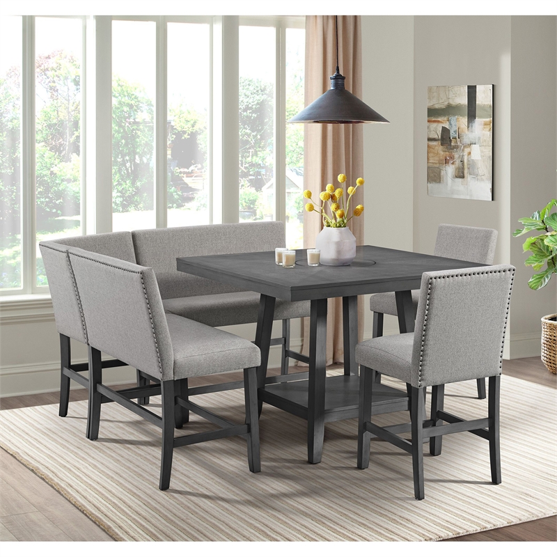 Pemberly Row Transitional Square Counter Table with Lazy Susan in Gray