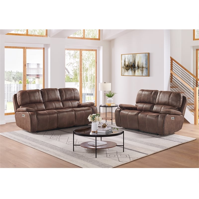Pemberly Row Traditional Power Motion Sofa-Power Head Recliner-Brown