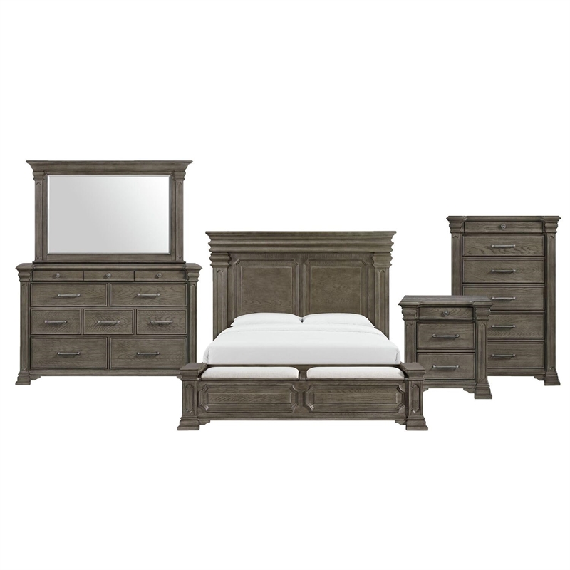 Pemberly Row Transitional King Storage 5PC Bedroom Set in Gray