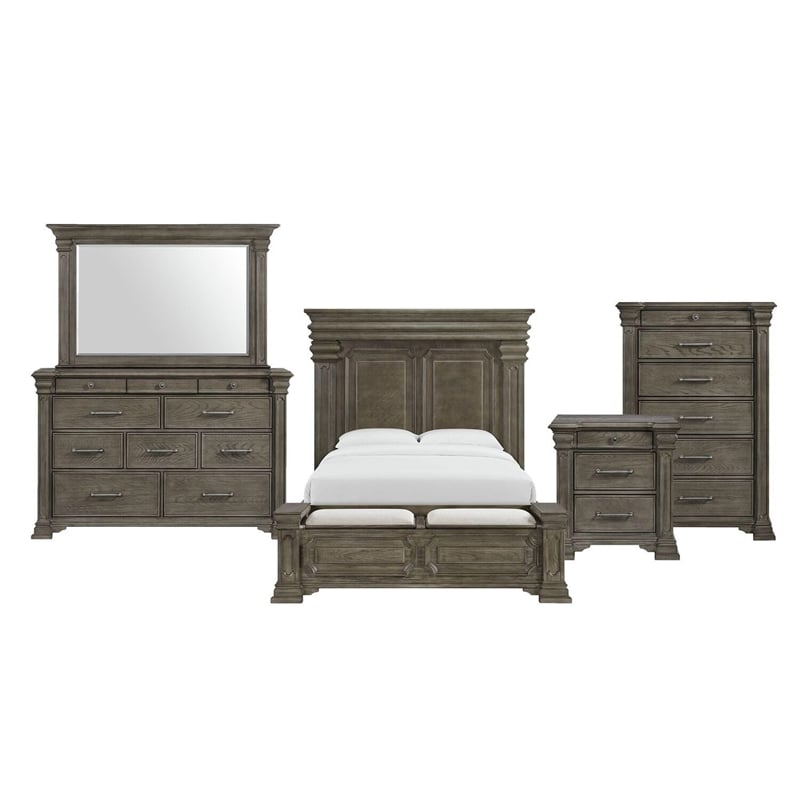 Pemberly Row Transitional Queen Storage 5PC Bedroom Set in Gray