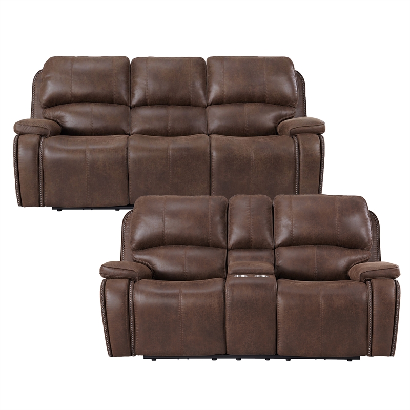 Pemberly Row Traditional 2PC Living Room Set in Heritage Brown