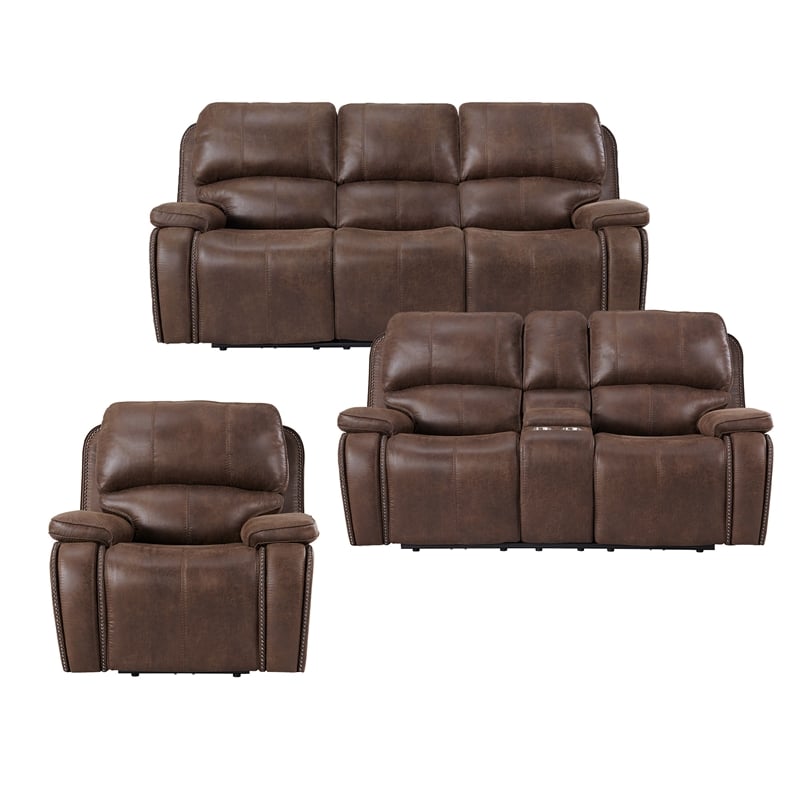 Pemberly Row Traditional 3PC Living Room Set in Heritage Brown