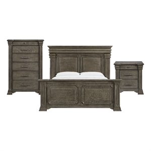 Pemberly Row Transitional Wood King 3PC Bedroom Set in Gray Finish