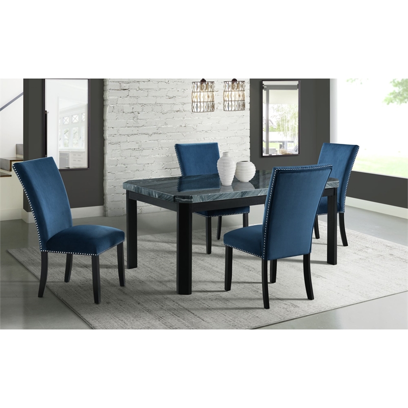 Pemberly Row 5PC Dining Set- Table & Four Blue Velvet Chairs