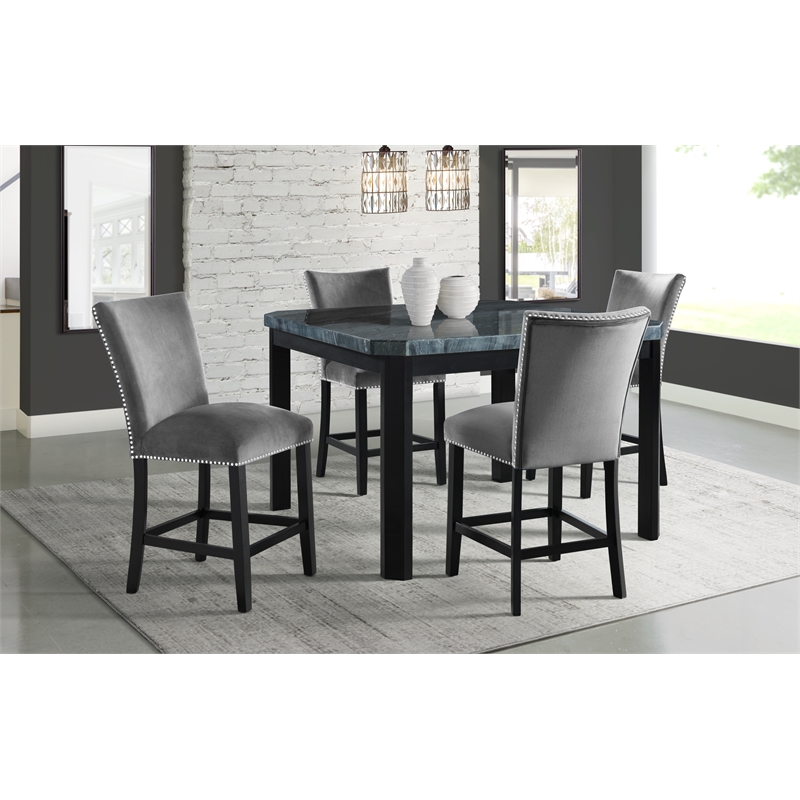 Pemberly Row 5PC Counter Height Dining Table Set with 4 Gray Velvet Chairs