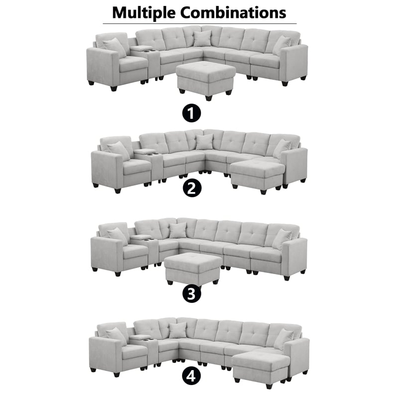 Pemberly Row Modern Convertible Velvet Sectional Sofa with Ottoman&Console Gray