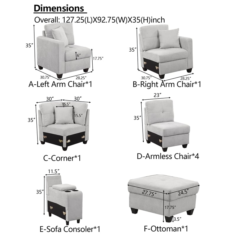 Pemberly Row Modern Convertible Velvet Sectional Sofa with Ottoman&Console Gray