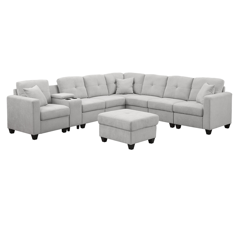 Pemberly Row Modern Convertible Velvet Sectional Sofa with Ottoman&Console Gray