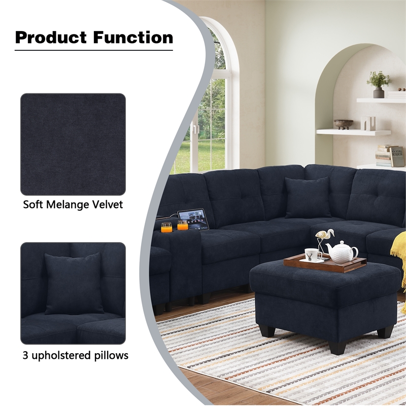 Pemberly Row Modern Convertible Velvet Sectional Sofa with Ottoman&Console Blue