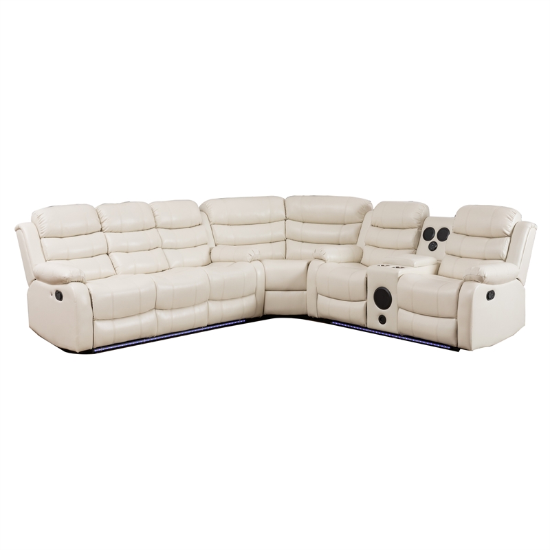 Pemberly Row Faux Leather Living Room Set Modern Reclining Sectional Sofa White