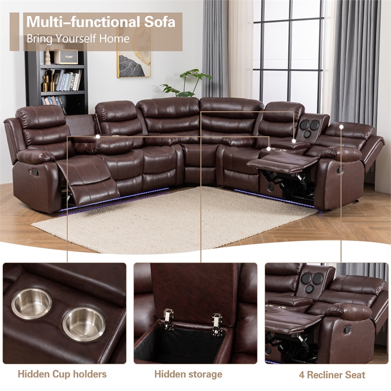 Pemberly Row Faux Leather Living Room Set Modern Reclining Sectional Sofa Brown