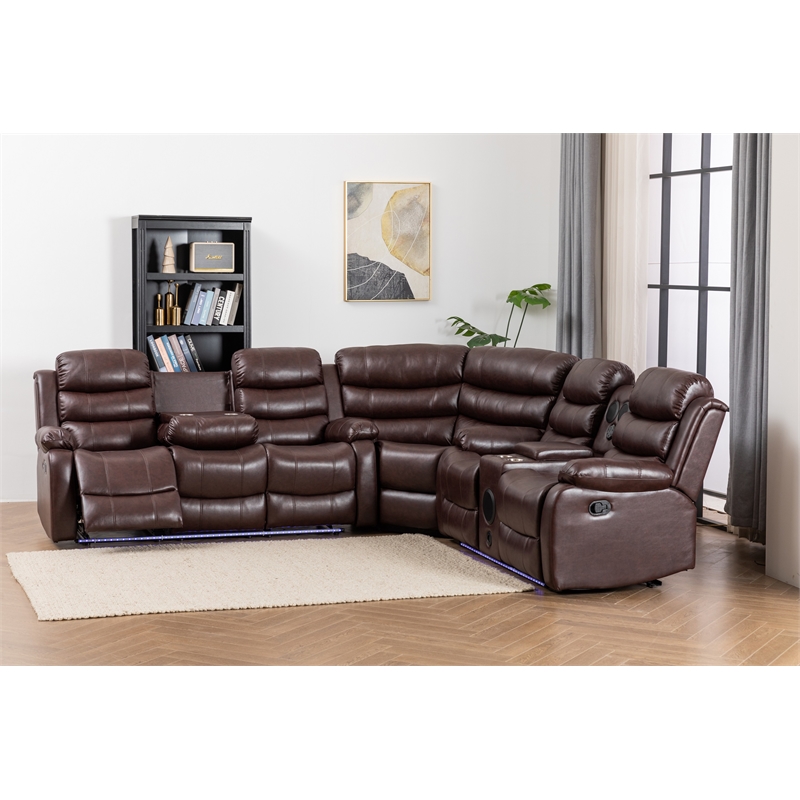 Pemberly Row Faux Leather Living Room Set Modern Reclining Sectional Sofa Brown