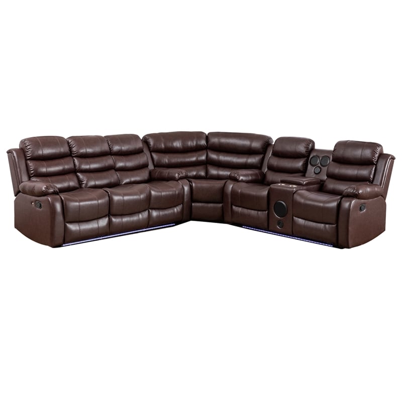 Pemberly Row Faux Leather Living Room Set Modern Reclining Sectional Sofa Brown