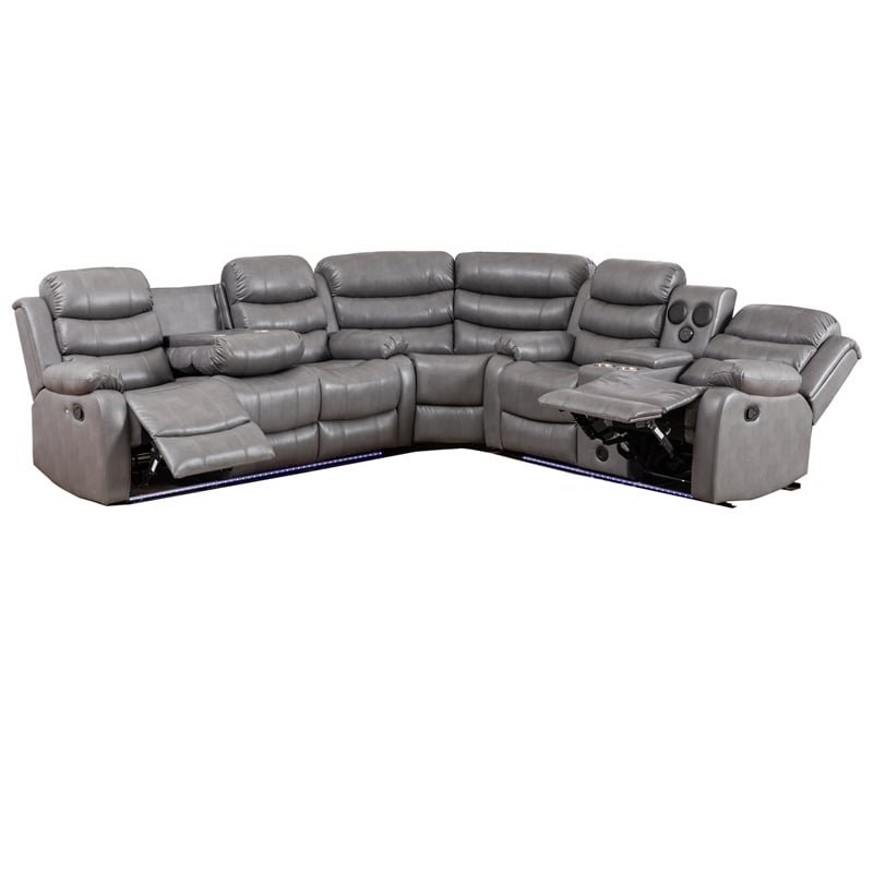 Pemberly Row Faux Leather Living Room Set Modern Reclining Sectional Sofa Gray