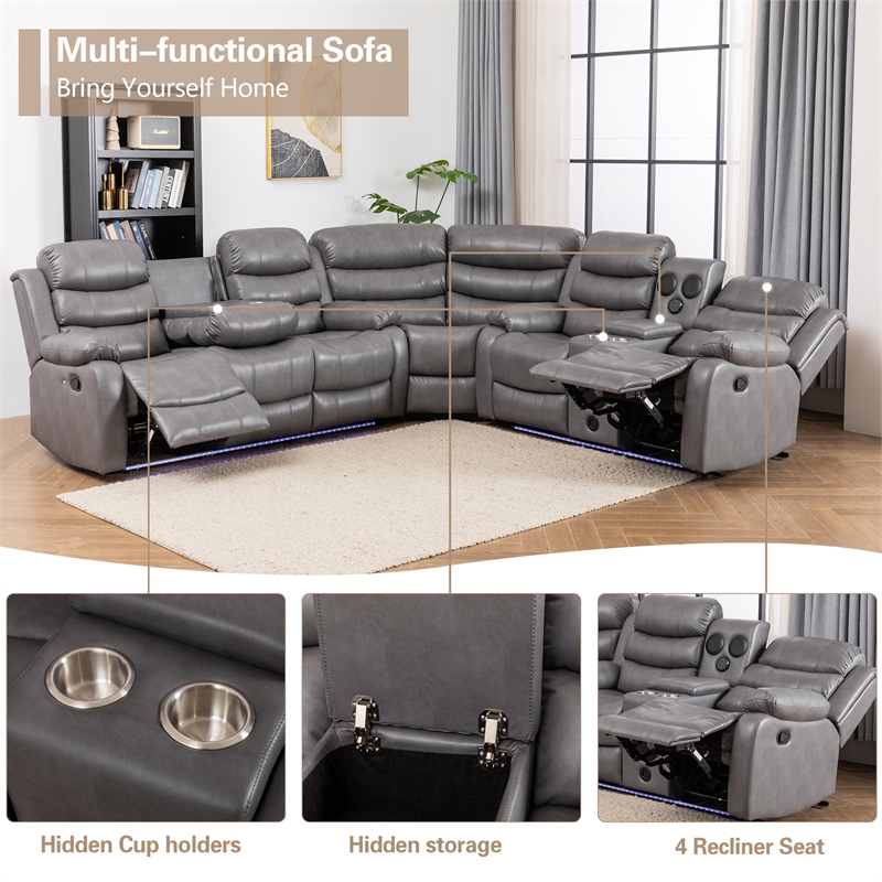 Pemberly Row Faux Leather Living Room Set Modern Reclining Sectional Sofa Gray