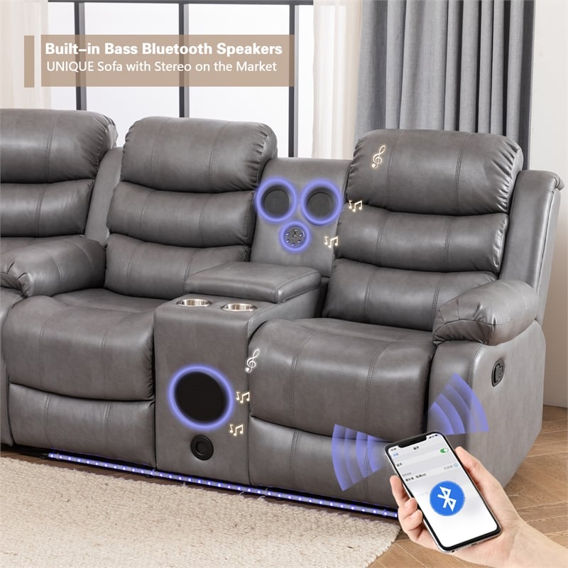 Pemberly Row Faux Leather Living Room Set Modern Reclining Sectional Sofa Gray