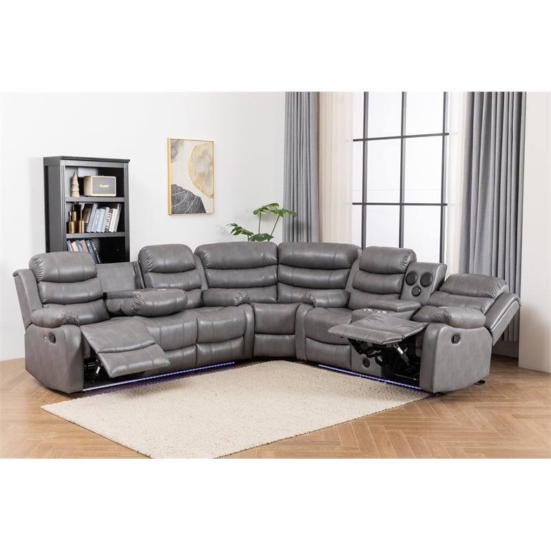 Pemberly Row Faux Leather Living Room Set Modern Reclining Sectional Sofa Gray