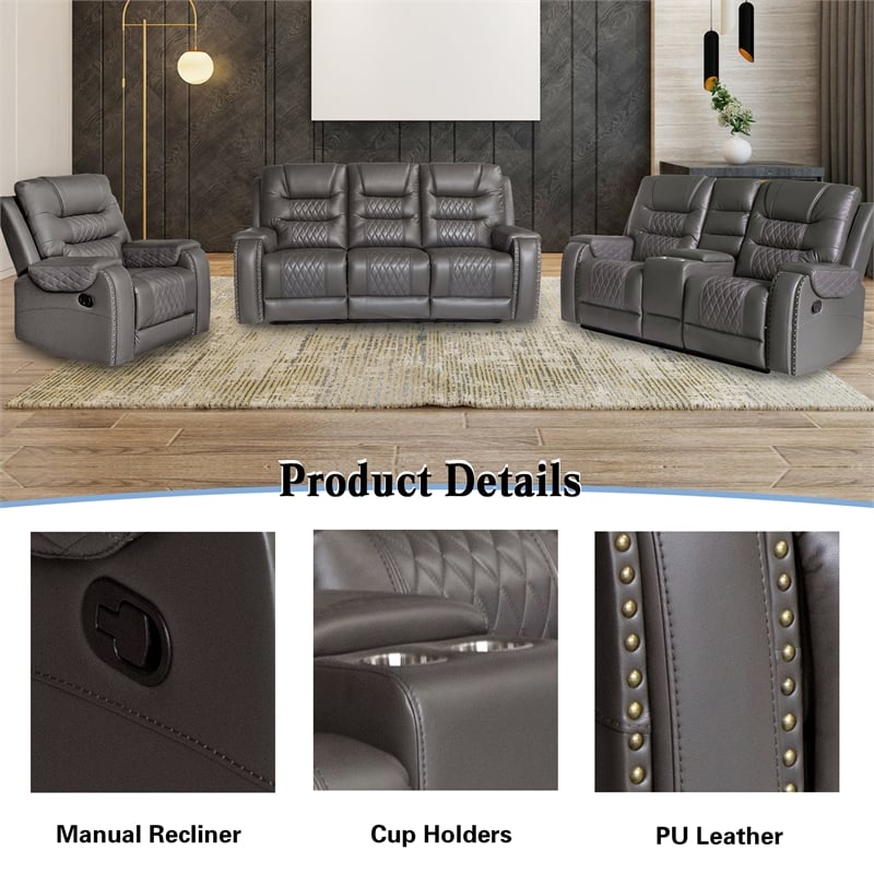 Pemberly Row PU Leather Manual Recliner Sofa Set 3 Pieces Living Room Set Gray