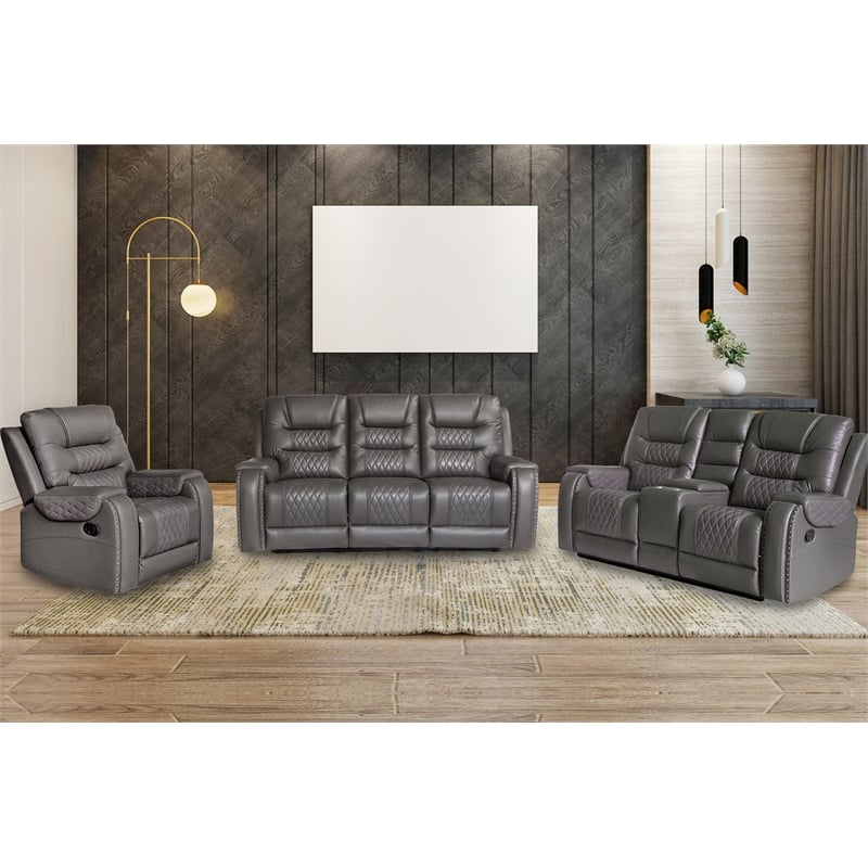 Pemberly Row PU Leather Manual Recliner Sofa Set 3 Pieces Living Room Set Gray