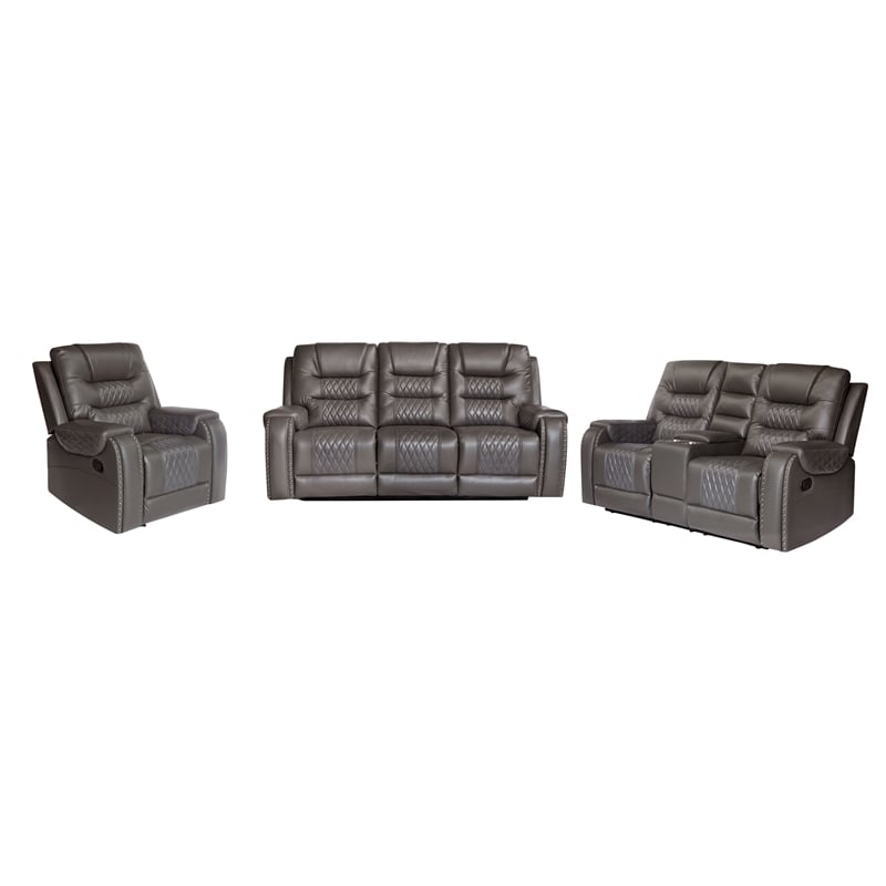 Pemberly Row PU Leather Manual Recliner Sofa Set 3 Pieces Living Room Set Gray