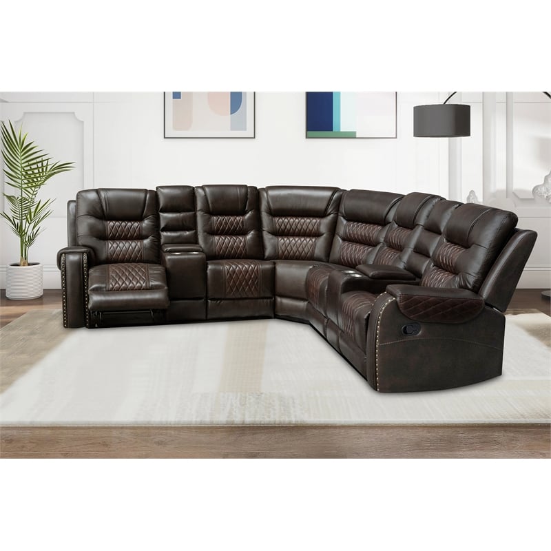 Pemberly Row Manual Recliner Sectional Sofa Set PU Leather L-Shaped Couch Brown