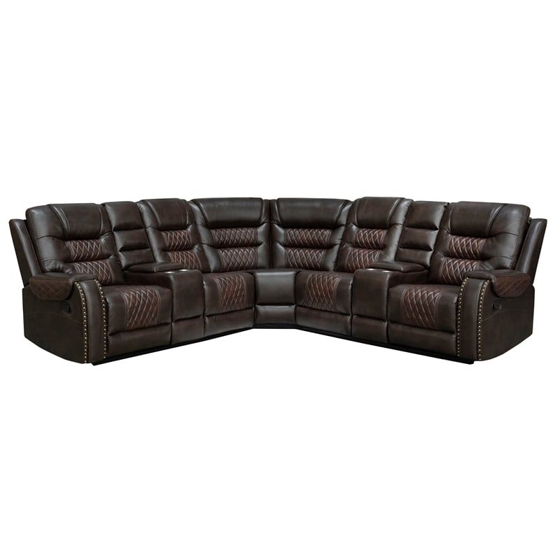 Pemberly Row Manual Recliner Sectional Sofa Set PU Leather L-Shaped Couch Brown