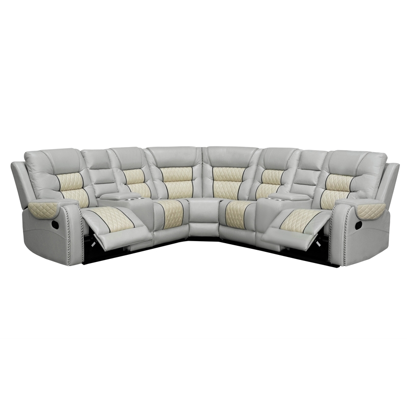 Pemberly Row Manual Recliner Sectional Sofa Set PU Leather L-Shaped Couch Beige