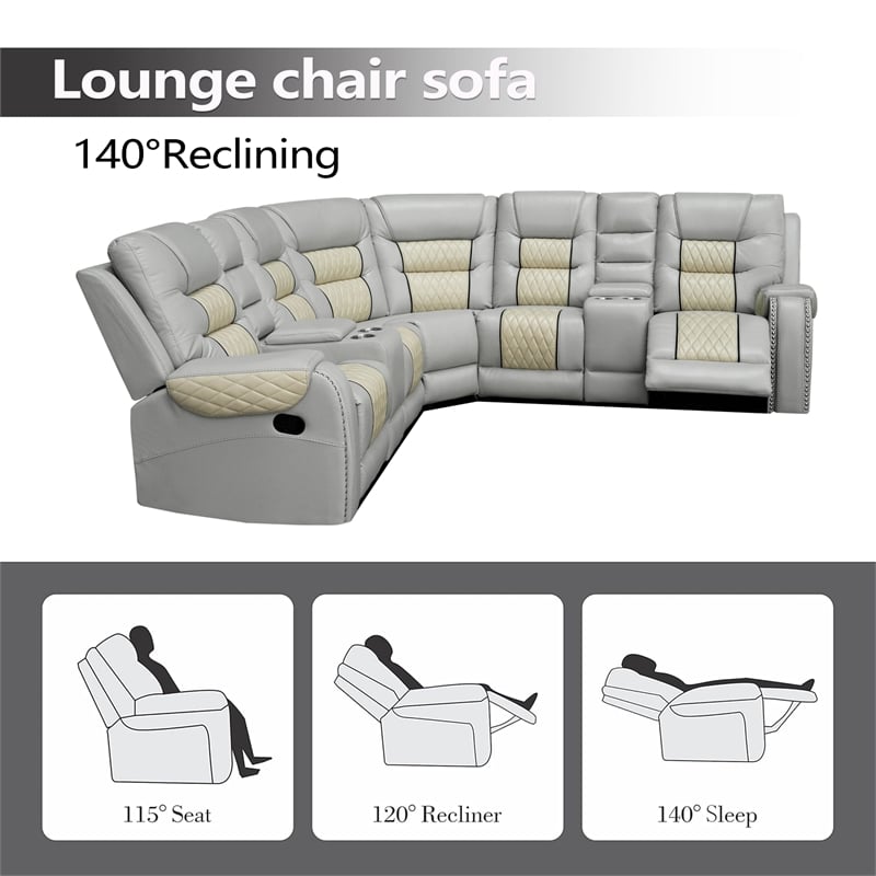 Pemberly Row Manual Recliner Sectional Sofa Set PU Leather L-Shaped Couch Beige
