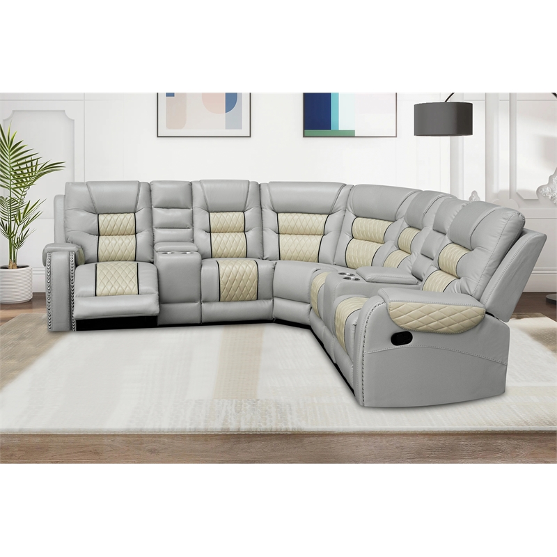 Pemberly Row Manual Recliner Sectional Sofa Set PU Leather L-Shaped Couch Beige
