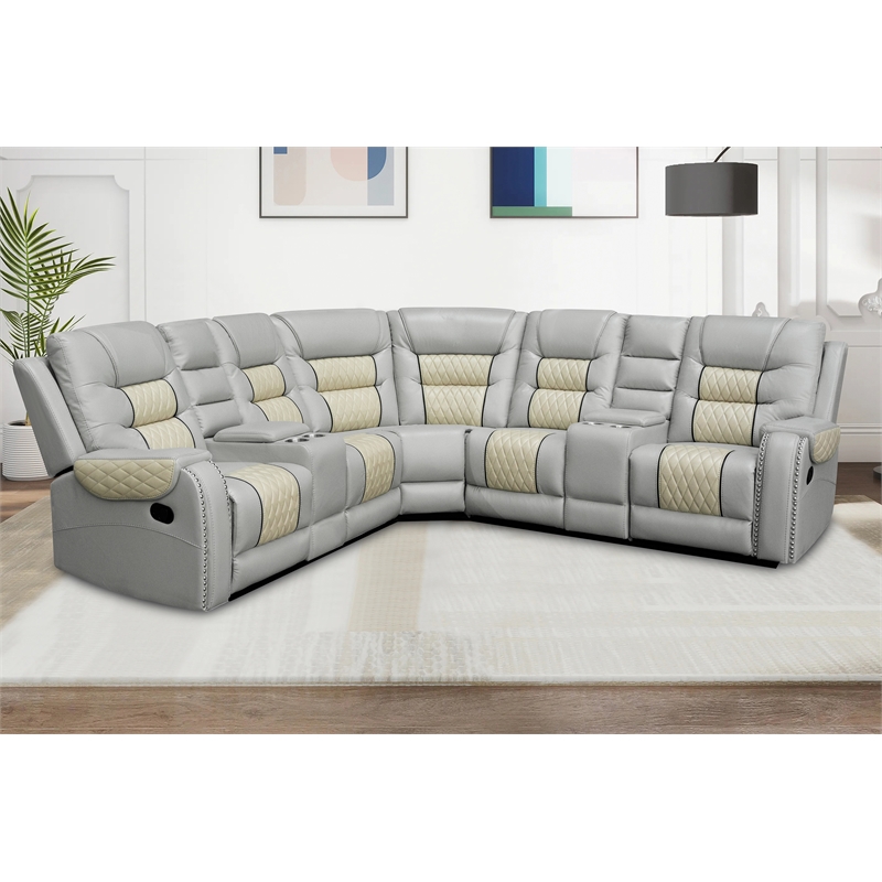 Pemberly Row Manual Recliner Sectional Sofa Set PU Leather L-Shaped Couch Beige