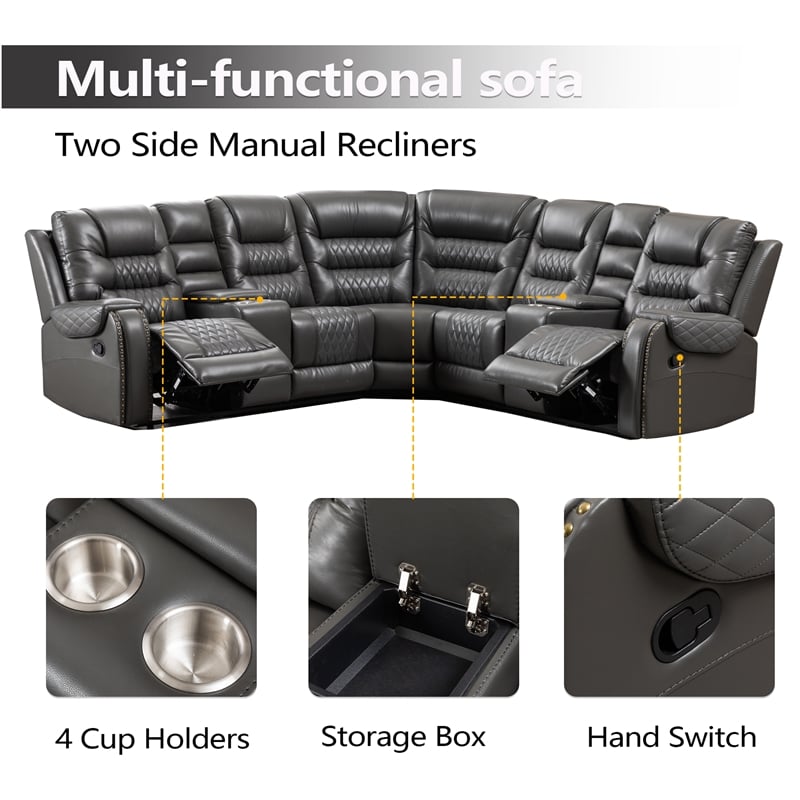 Pemberly Row PU Leather Gray Sectional Sofa L-Shaped Reclining