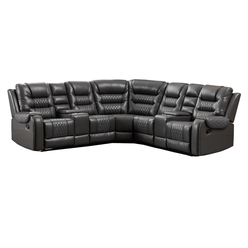 Pemberly Row PU Leather Gray Sectional Sofa L-Shaped Reclining