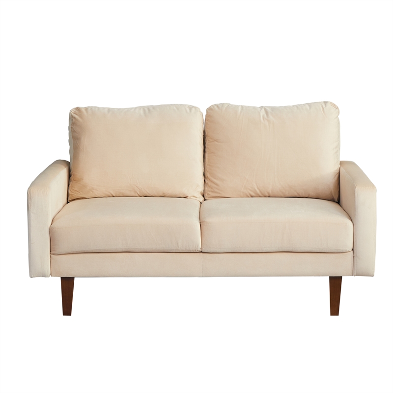 Pemberly Row Velvet Loveseat Modern Sofa with Wooden Legs-Beige