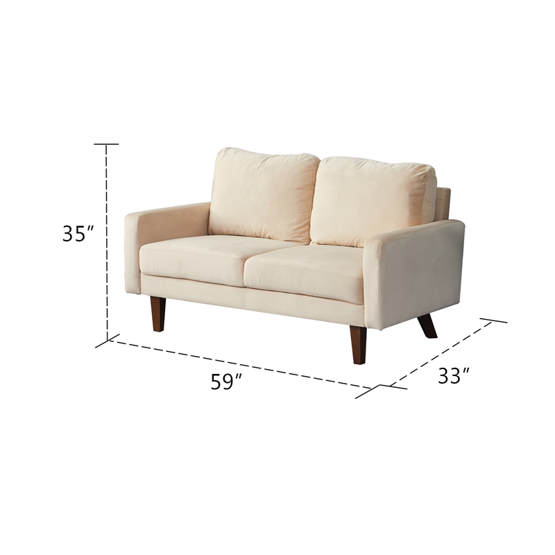 Pemberly Row Velvet Loveseat Modern Sofa with Wooden Legs-Beige